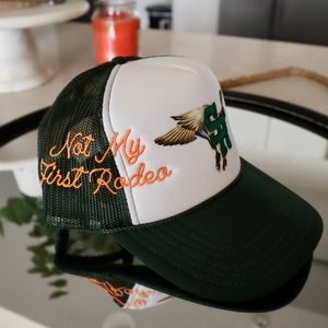 Stevenson Ranch “Not My First Rodeo” SnapBack Trucker Hat Mike Stud Green/White